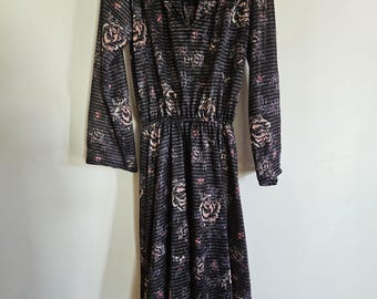 True Vintage 70s Sheer Disco Dress: Metallic Floral Bohemian Black Dress - Located in Canada