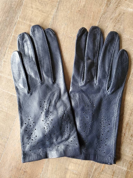 Navy blue leather gloves, vintage gloves, leather
