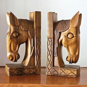 Vintage Carved Horse Bookends - Equestrians - Hand Carved Horse Head Bookends - Hand Carved Bookends - MCM Wood Book Ends - 10&quot; Tall