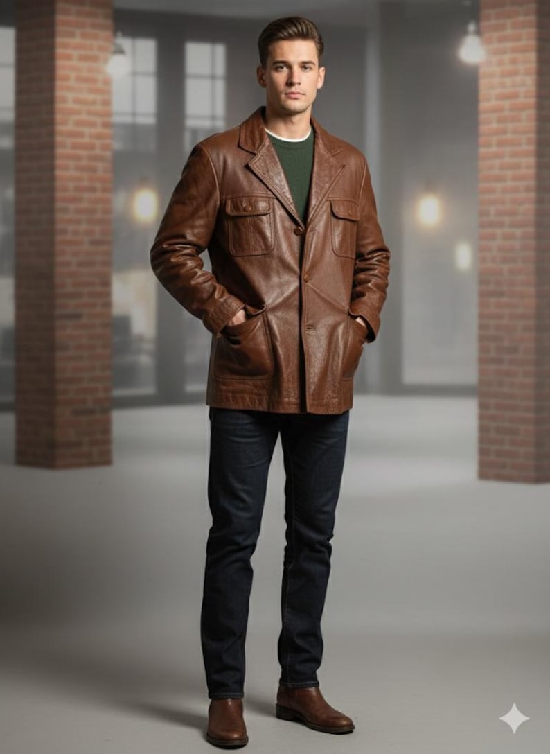 May include: A brown leather jacket with a collared neckline, two chest pockets, and two lower pockets. The jacket is buttoned and worn over a green shirt. The person is wearing dark blue jeans and brown leather shoes.
