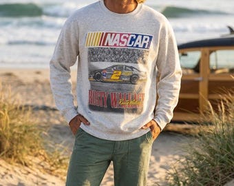 Vintage 1980s NASCAR Crewneck Sweatshirt XL - Grey Sweatshirt - Rusty Wallace