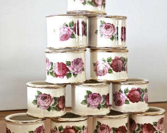 11 Antique Porcelain Rose Napkin Rings - 14k Gold Accent