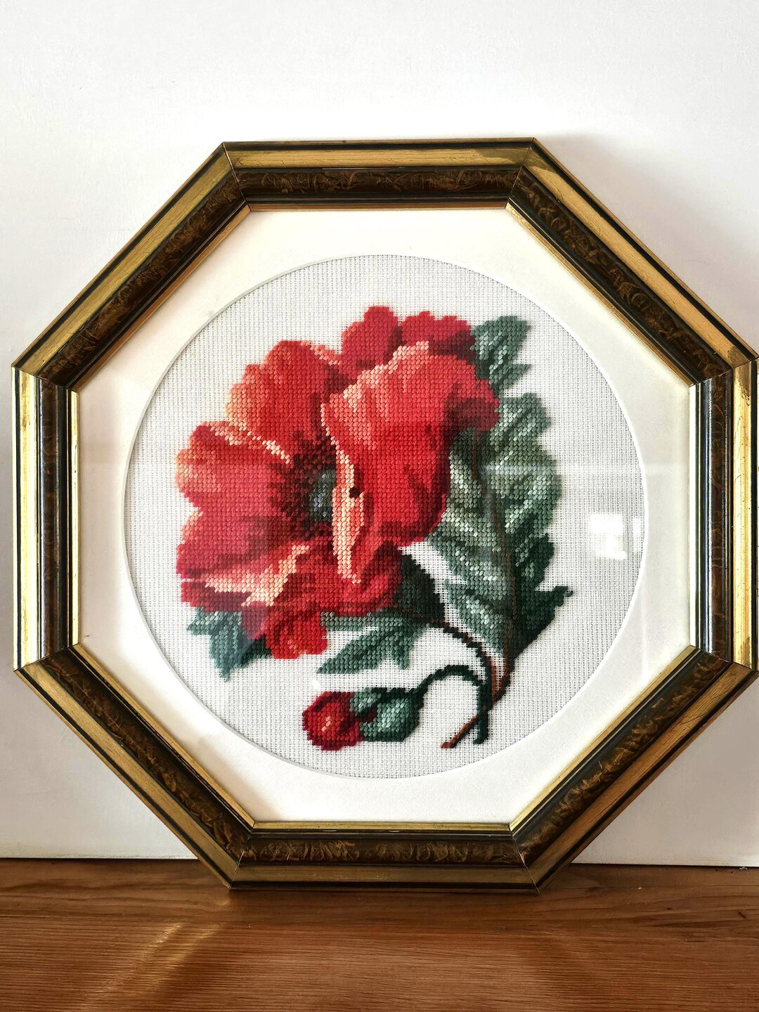 Vintage Framed Needlepoint Art: Poppy Floral Embroidery, Gold ...