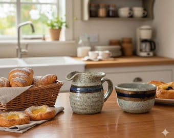Vintage Stoneware Creamer and Sugar Set: Speckled, Brown and Cobalt Blue - Located in Canada