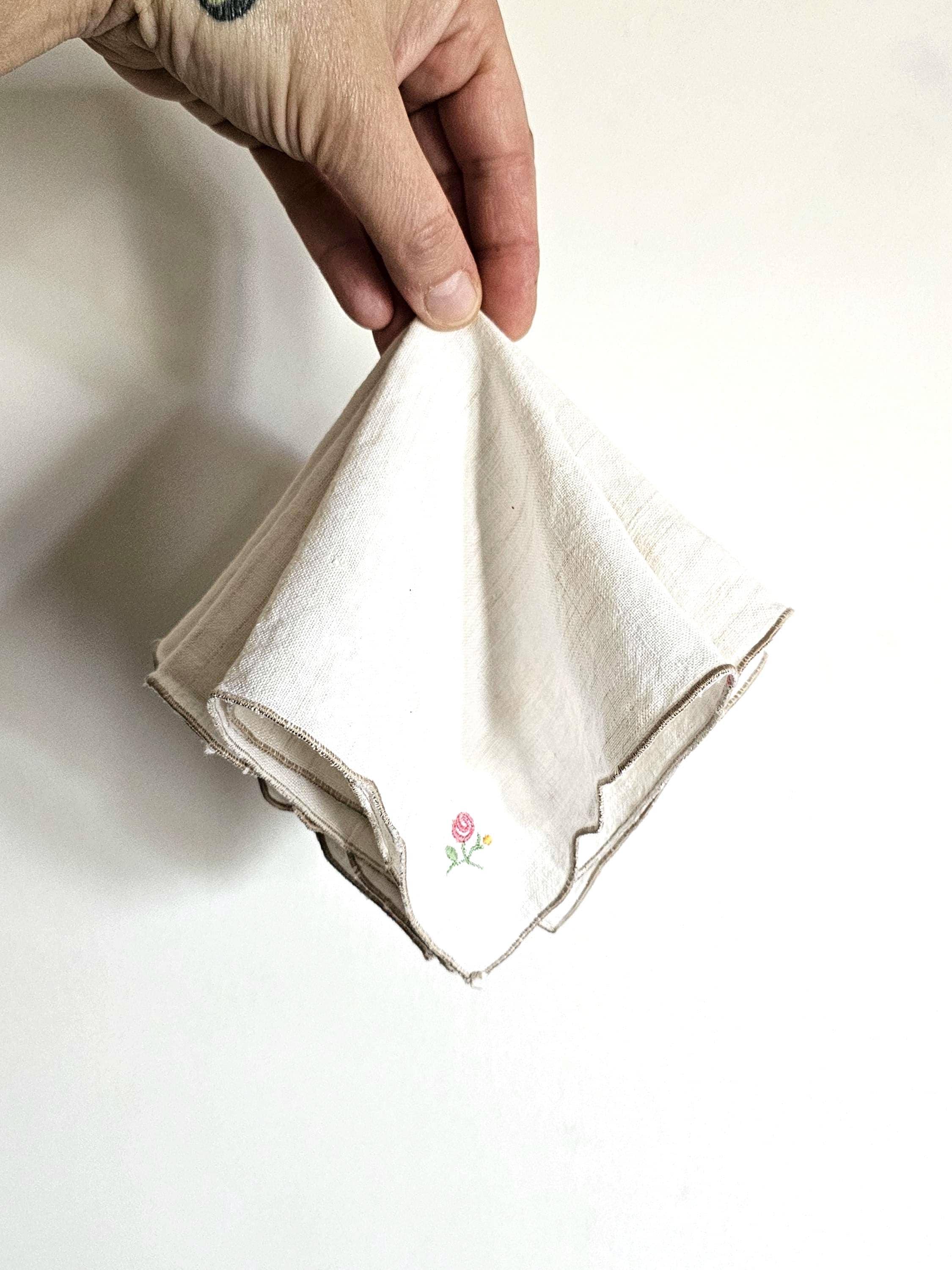 Vintage Beige Linen Handkerchiefs - Embroidered Floral Hankies, Set of 3