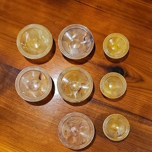 Puede incluir: Ocho pequeños recipientes redondos y translúcidos con aspecto veteado ámbar, dispuestos sobre una superficie de madera. Se aprecia la forma circular y el diseño de los recipientes.