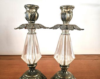 Vintage Hollywood Regency Faceted Glass & Silver-Tone Candlesticks – Pair