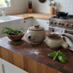 MCM Studio Pottery Crock and Gravy Boat Set - Beige & Rust Stoneware - Located in Canada