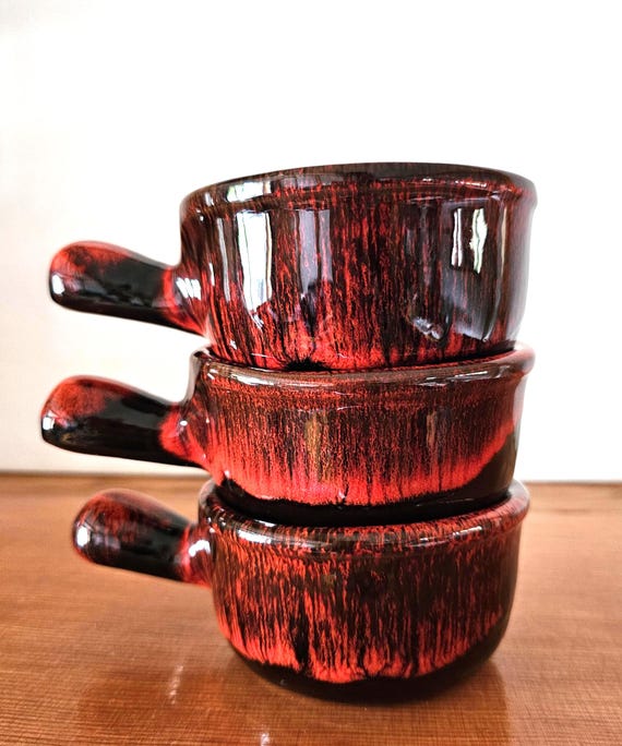 Vintage Evangeline Red Drip Pottery Soup Bowls: Oven-safe Gratin