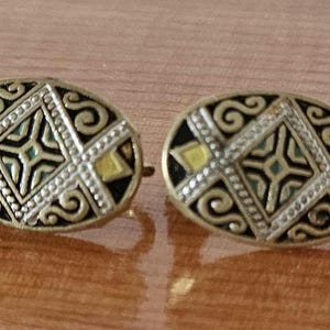 Pair of Antique Damascene Earrings, Vintage Damascene, Black and Gold Damascene, Screw Back Earrings, Vintage Earrings