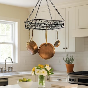 Rustic Farmhouse Metal Hanging Scroll Rack: Kitchen Cookware Organizer