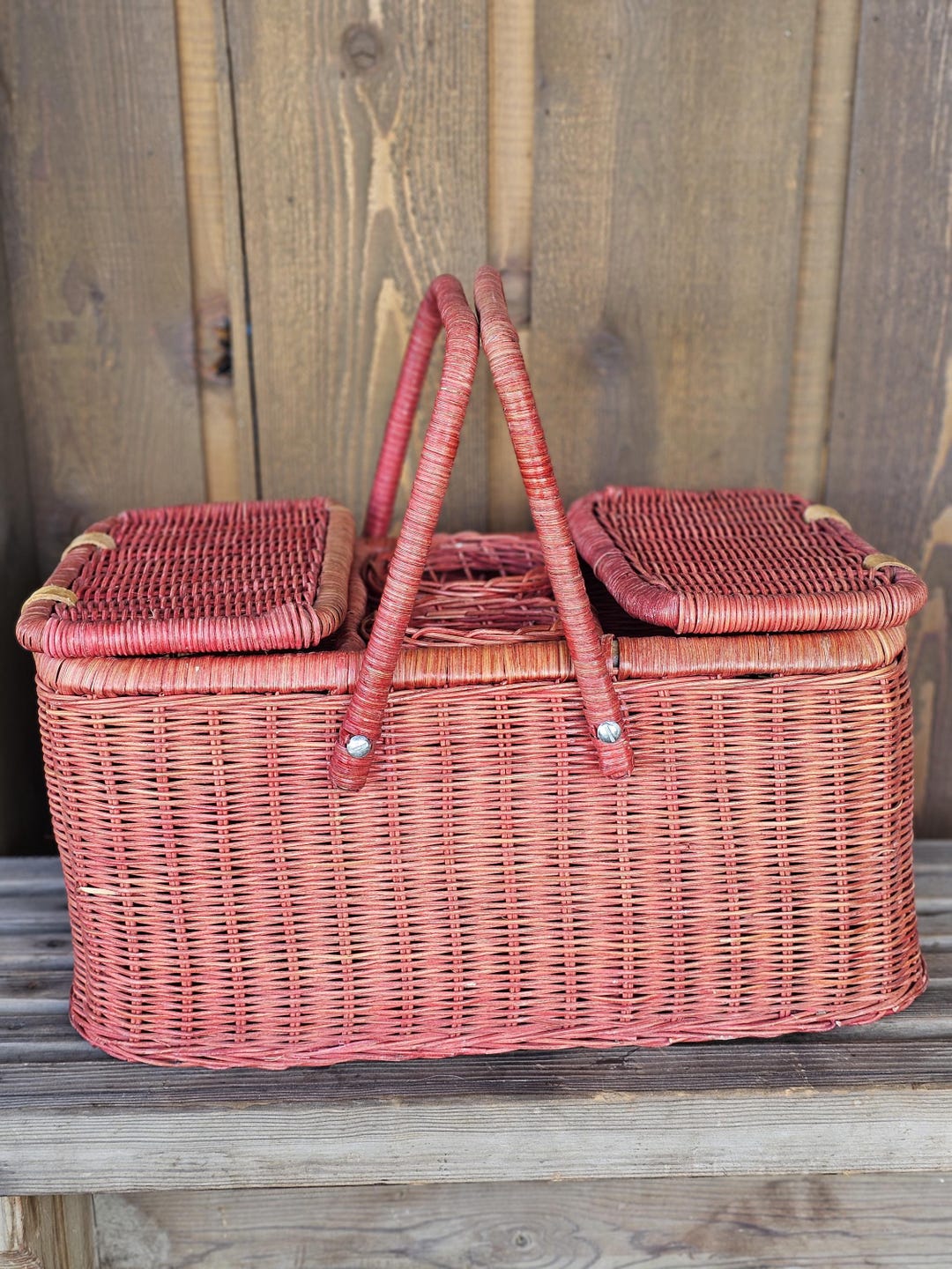 Vintage Red Wicker Picnic Basket: 2-bottle Compartment Finland