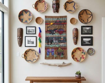 ヴィンテージペルー手刺繍ウールタペストリー：ウロス島の民芸品