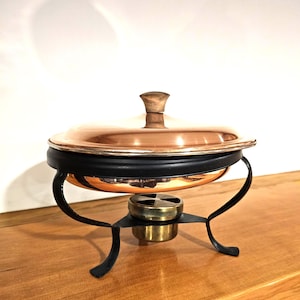 Vintage Copper Chafing Dish: Mid Century Warming Server with Brass Burner