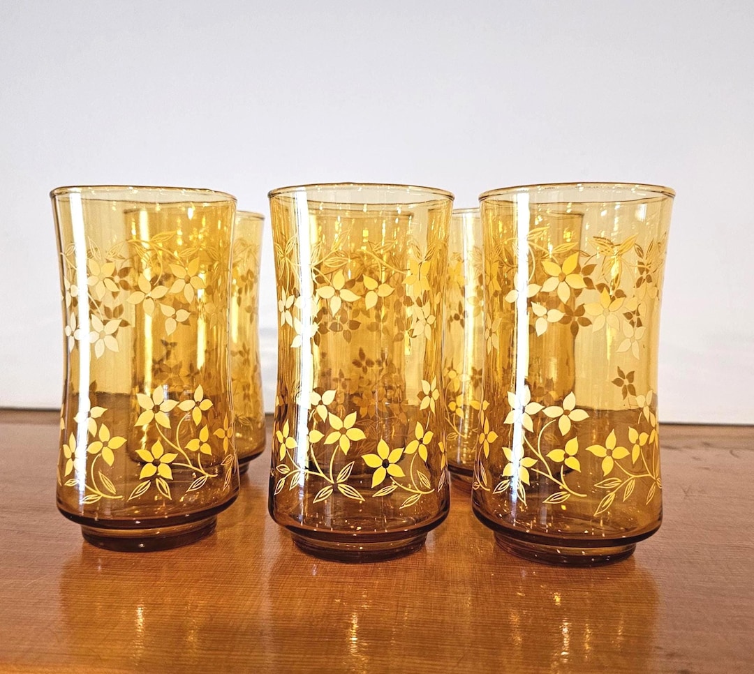 Vintage Amber Daisy Glass Tumblers | Mid Century Floral Barware Set