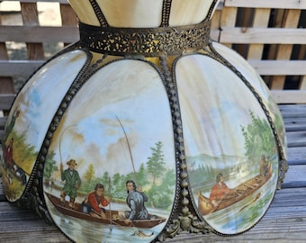 Vintage 1970s Currier & Yves Glass Hanging Lampshade