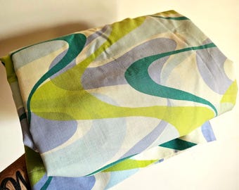 Vintage 70s Turquoise & Green Retro Flat Sheet: Mid Century Modern Double Bed - Located in Canada