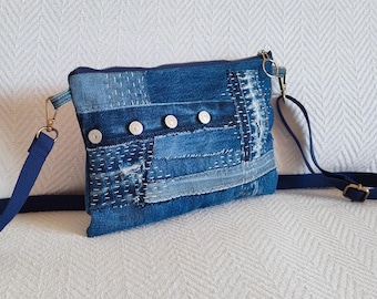Sac bandoulière en jean recyclé, pochette en denim Boro avec broderies sashiko, fait main