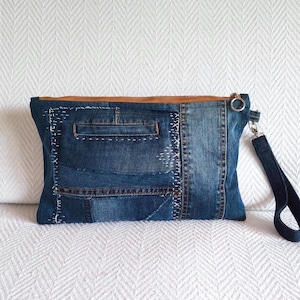 Boro Denim Wristlet, Upcycled Jeans Clutch with Sashiko Embroidery