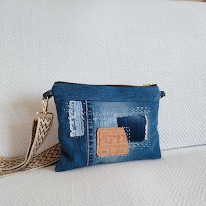 Denim Crossbody Bag, Upcycled denim purse with adjustable jacquard strap, Repurposed denim boro sling bag, Daily essential crossbody
