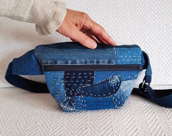 Boro denim crossbody bag, Upcycled denim sling bag, Recycled jeans bag sashiko hand stitch, Small denim bum bag, Repurposed denim fanny pack