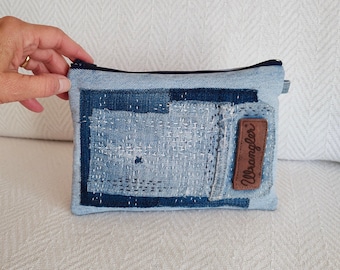 Upcycled denim boro pouch, Recycled jeans zippered purse, Sashiko stitch patched jeans handbag, Repurposed denim wallet, Makeup bag