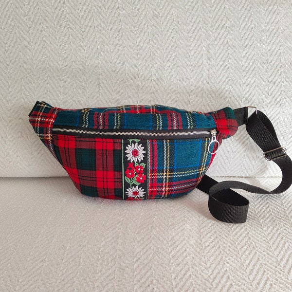 Sac banane en tartan, sac bandoulière 100 % laine tartan avec bordure en jacquard edelweiss, sac banane en tissu recyclé, sac banane en laine recyclée