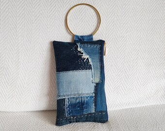 Repurposed jeans wristlet purse, Patchwork denim upcycled bag, Boro denim purse, Ring wrist bag denim recycled