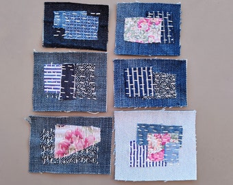 Remendos de jeans boro, apliques de ponto à mão Sashiko, conserto de remendo de jeans, remendo de jeans Boho, mini colcha jeans, enfeite de jeans reciclado