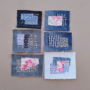 Denim boro patches, Sashiko hand stitch appliques, Jeans patch mend repair, Boho jeans patch, Mini denim quilt, Upcycled jeans embellishment