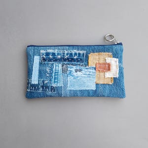 Upcycled Boro Denim Pouch, Sashiko Hand Stitched Zipper Purse, Patchwork Fabric Pencil Case, Repurposed textiles, Handmade