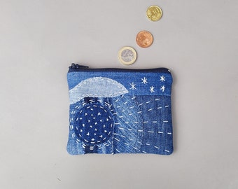 Upcycled denim coin purse, Repurposed denim patchwork pouch, Boro sashiko denim mini wallet, Sustainable gift, Recycled jeans cards holder