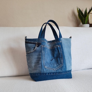 Patchwork Denim Tote bag, Upcycled blue jeans purse, Top handles bag, Everyday casual tote, Medium size handbag