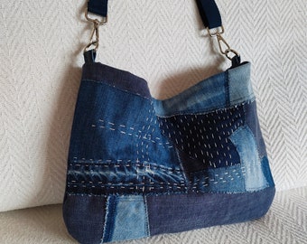 Upcycled denim patchwork hobo bag, Boro denim bag sashiko hand stitch, Recycled jeans crossbody bag, Repurposed denim shoulder bag