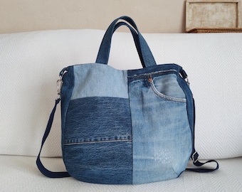 Bolso hobo de mezclilla con retazos, bolso bandolera y bolso de mano con asa superior de mezclilla reciclada, bolso informal holgado hecho a mano