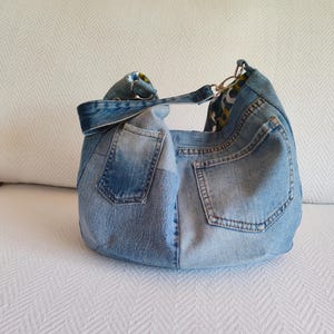 Upcycled Denim Hobo Bag, Faded Blue Jeans Shoulder Bag, Patchwork Purse, Handmade Slouchy Bag