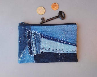 Upcycled denim pouch, Sashiko boro patchwork denim purse, Recycled jeans coin purse, Denim mini wallet, Zip pouch for bag organization