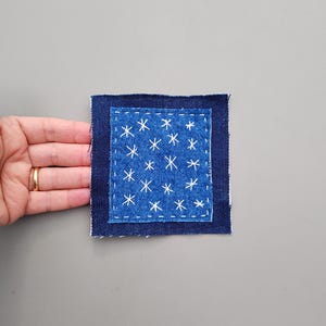 Sashiko Boro Denim Patch, Slow stitch Applique for upcycled clothing and jeans mend repair, Embroidered Patch, Embellishment, Sew on Patch
