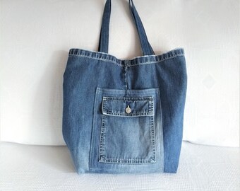 stripes tote should straps Upcycled denim tote bag cotton blue days out handbag sustainable reuse large shopper beach white