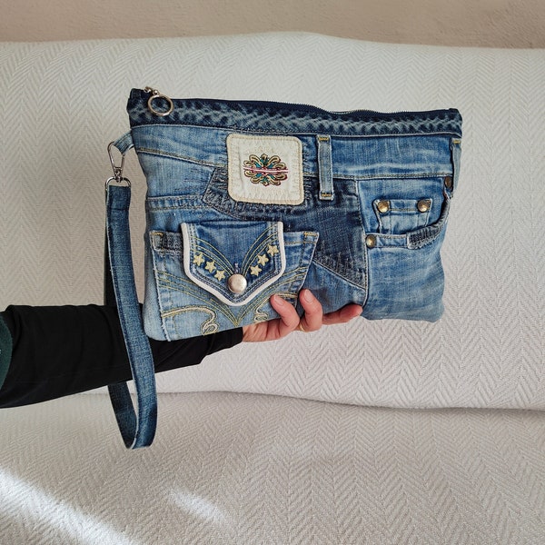 Denim Clutch bag, Upcycled denim wristlet purse, Recycled jeans bag, Repurposed denim bag, Denim evening bag, No waste