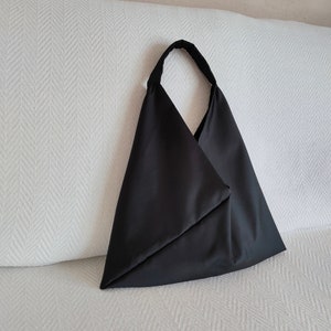 Black satin bag, Origami triangle bag, Minimalist total black purse, Satin black evening bag, Minimal shoulder bag