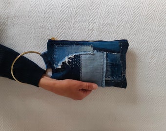 Repurposed jeans wristlet purse, Patchwork denim upcycled bag, Boro denim purse, Ring wrist bag denim recycled