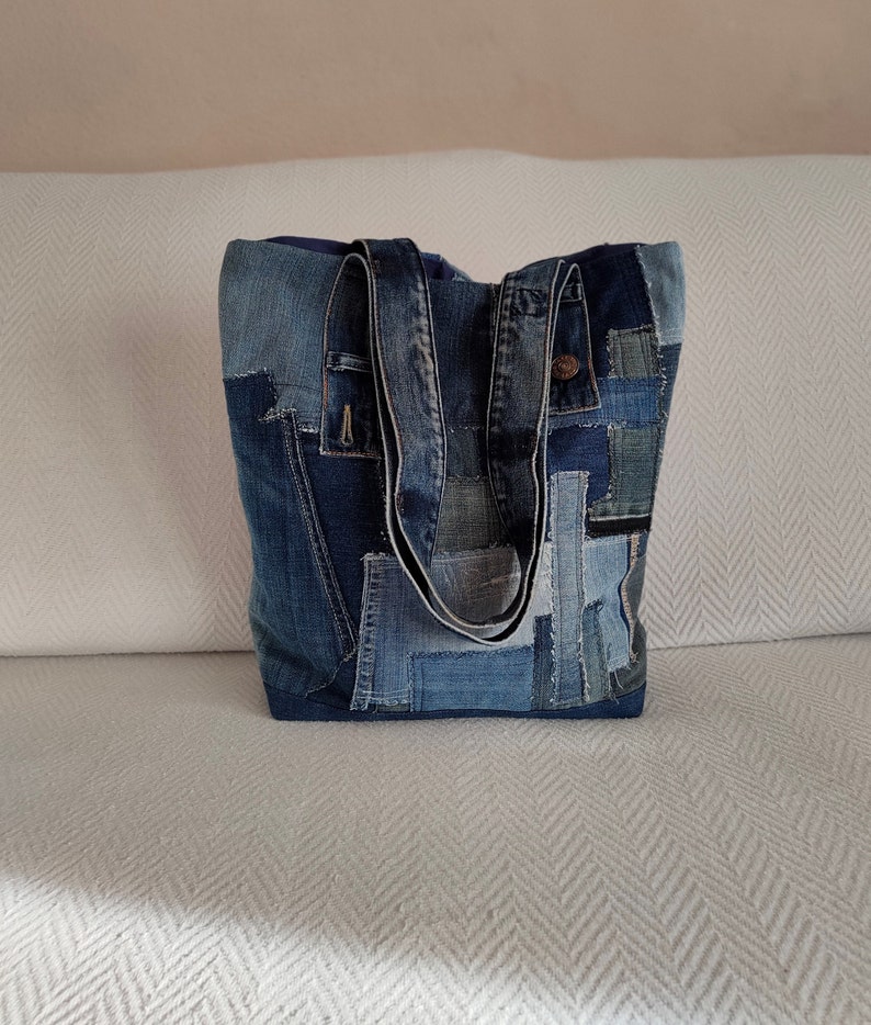 Patchwork Denim Tote Bag Upcycled Denim Bag Recycled Jeans - Etsy