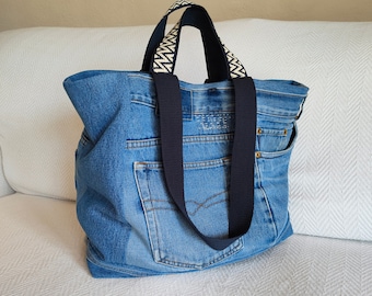 Borsa grande jeans, Borsa da spalla jeans riciclato, Borsa multi tasche, Borsa morbida in tessuto denim