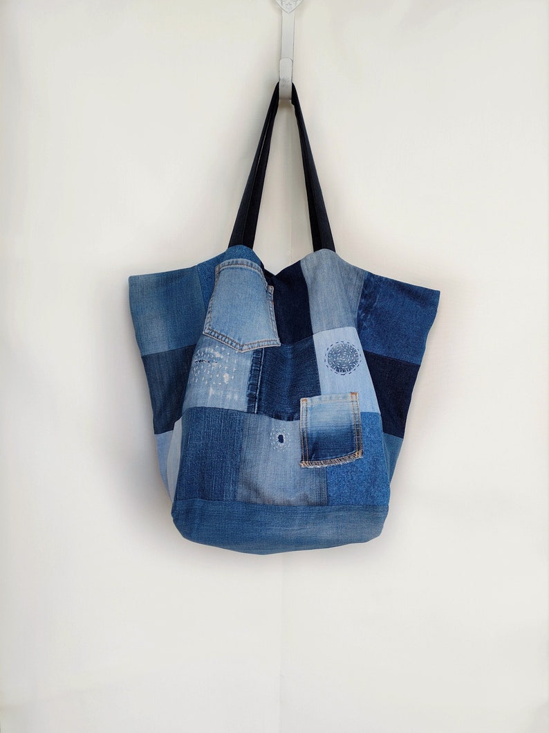 Recycled Denim Bag, Patchwork Denim Tote Bag, Extra Large Shoulder Bag, Boro Bag, Upcycled Jeans Oversize Bag, shops Repurposed Denim Bag