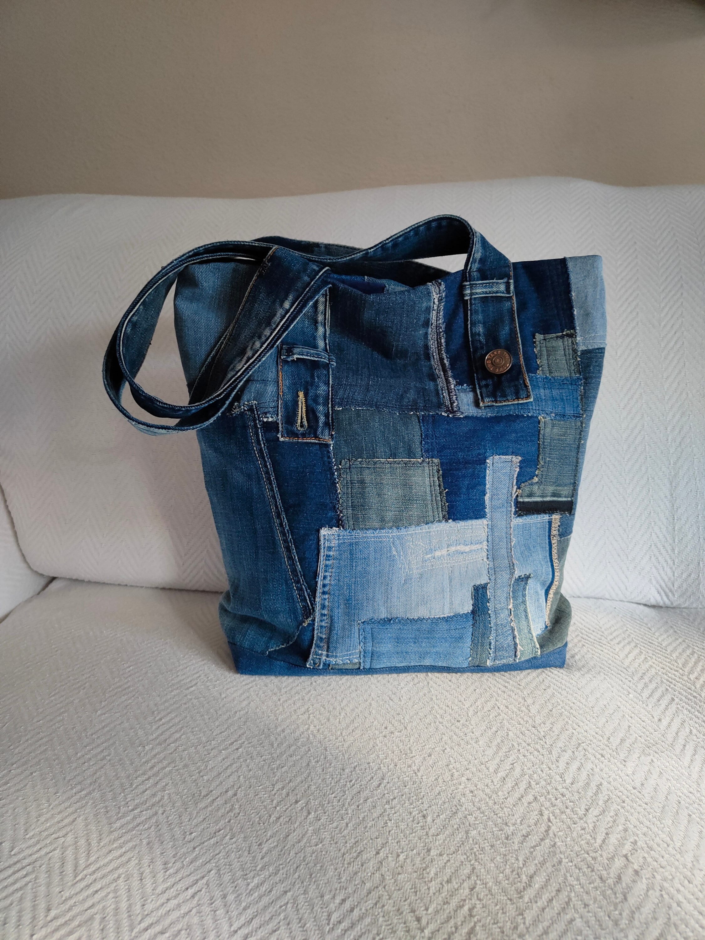 Patchwork Denim Tote Bag Upcycled Denim Bag Recycled Jeans - Etsy