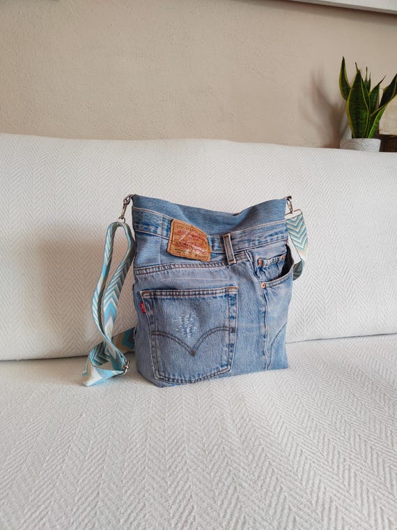 Upcycled Denim Crossbody Bag, Jacquard Guitar Strap, Handmade Hobo Purse
