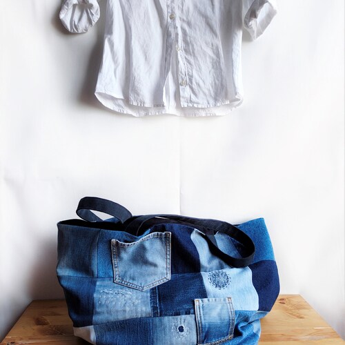 Recycled Denim Bag, Patchwork Denim Tote Bag, Extra Large Shoulder Bag, Boro Bag, Upcycled Jeans Oversize Bag, shops Repurposed Denim Bag
