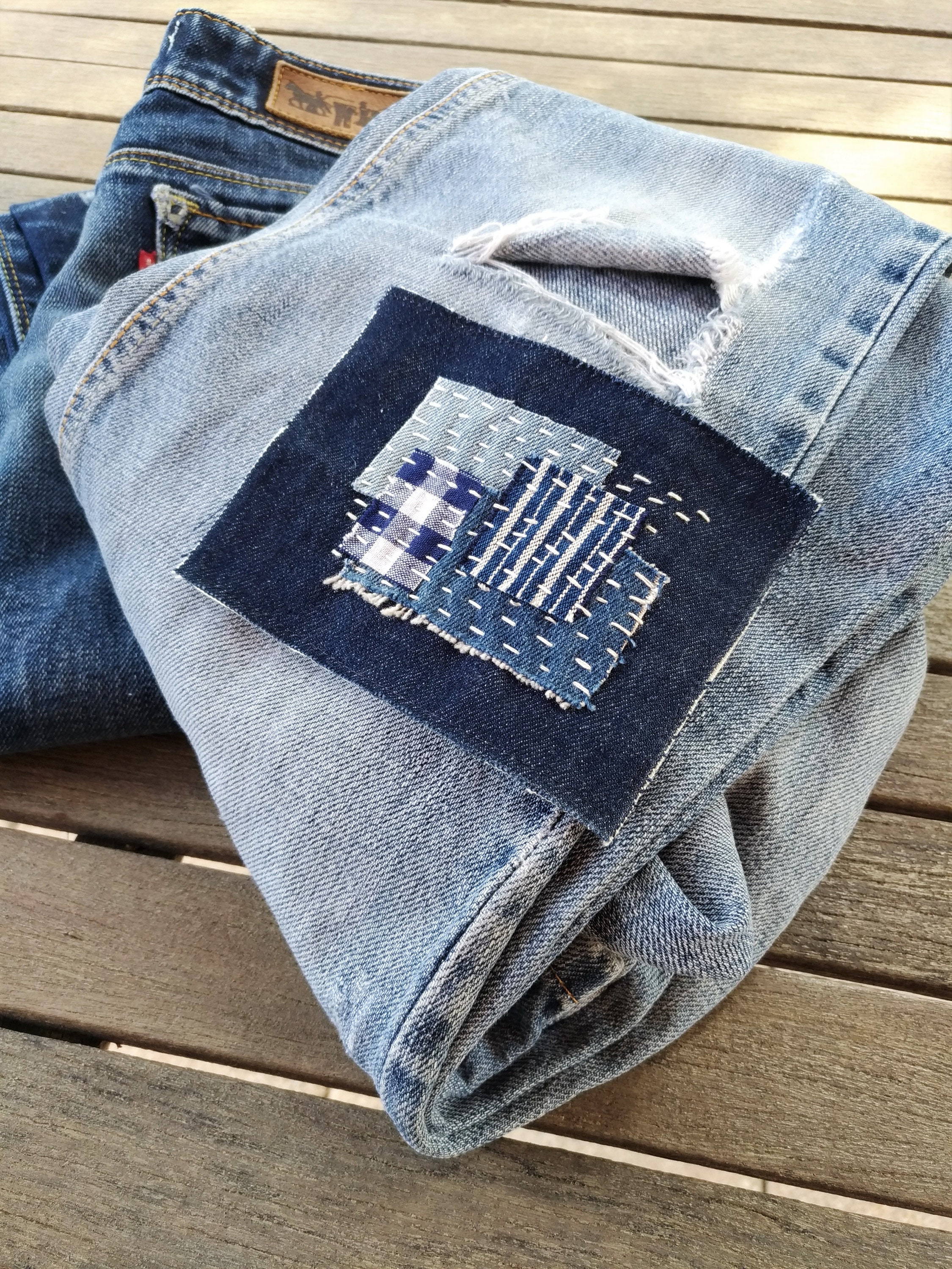 Boro Denim Applique from Recycled Jeans Sashiko Hand Stitch | Etsy