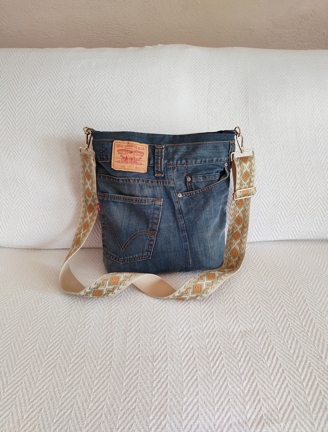 Upcycled Denim Crossbody Bag Jacquard Guitar Strap, Recycled Jeans Bag